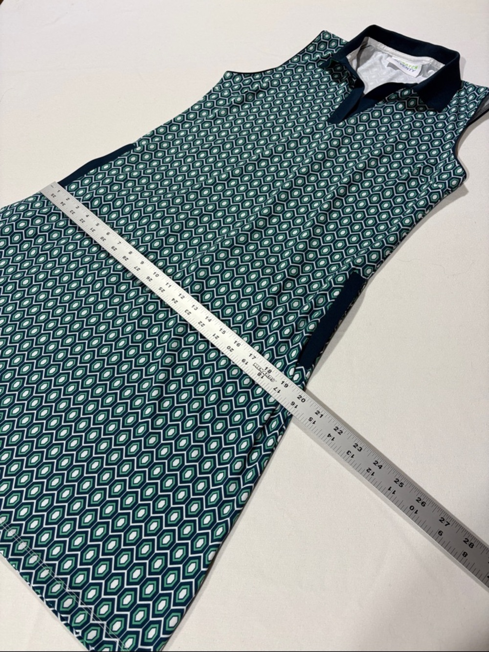 Sleeveless Teal Geometric Short Skirt Dress with Navy Trim size Large NNT - Picture 11 of 15
